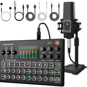 RHM Podcast Equipment Bundle, All-in-One Audio Interface DJ Mixer with Microphone, Stand, Monitor Earphone, Audio Mixer With Sound card for PC/Laptop/Phone, Streaming/Podcasting/Gaming