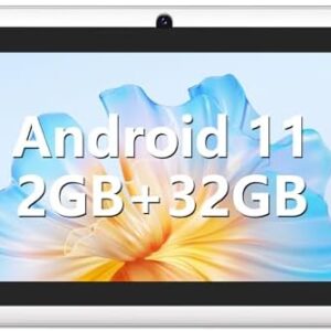 Android Tablet 7 Inch, Android 11 Tablet, 2+4GB RAM 32GB ROM, Quad-Core Processor, Dual Camera, WiFi, 3.5mm Earphone Jack, FM Bluetooth, 128GB Expand, GMS Certified Tablet - White
