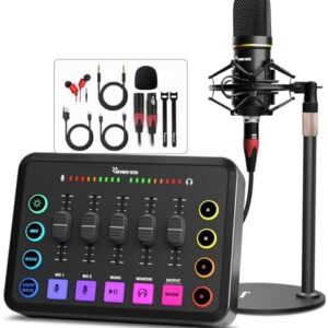 Podcast Equipment Bundle, Gaming Audio Mixer with 48V Podcast Microphone, Individual Volume Slider, RGB Audio Interface for Laptop PC/Phone Living Broadcast/Streaming/Recording -Black