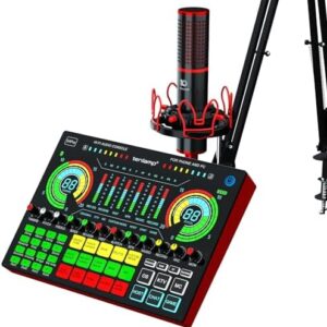 Podcast Equipment Bundle, Audio Interface with DJ Mixer, All-in-one Production Studio With Sound Board and 48V XLR Condenser Microphone,For Phone PC Live Streaming Podcasting Recording YouTube