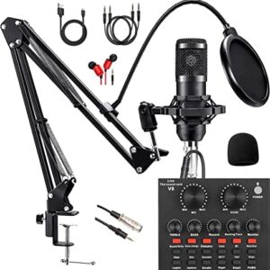 Podcast Equipment Bundle, with BM800 Podcast Microphone and V8 Sound Card, Voice Changer - Audio Interface -Perfect for Recording, Singing, Streaming and Gaming (V8-Black)