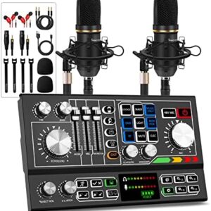 Podcast Equipment Bundle for 2, Audio Mixer with Condenser Microphone and 48V Phantom Power Supply Audio Interface for Live Stream/Record/Game