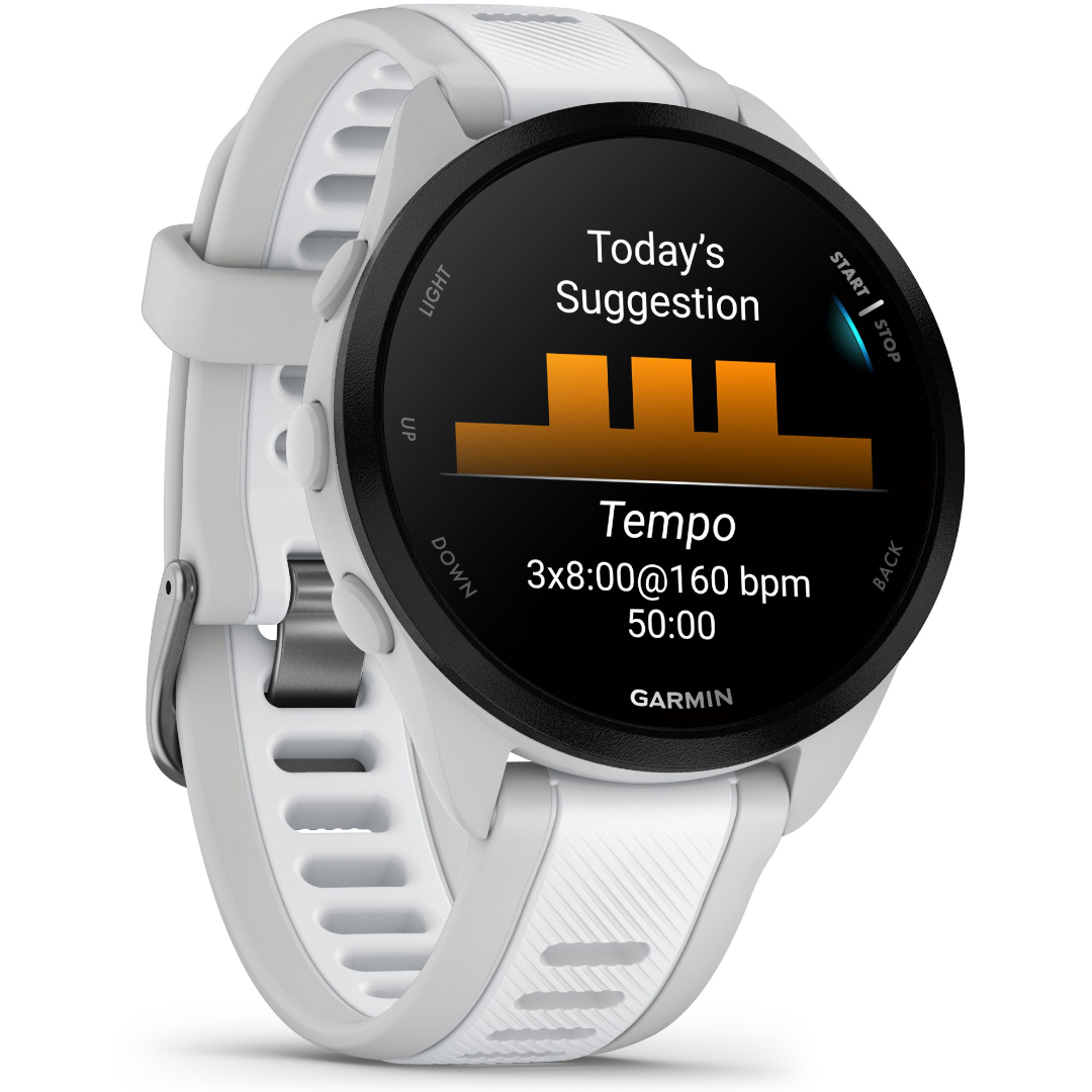 A rendering of the Garmin Forerunner 165 shows the daily suggested exercise at Tempo pace.