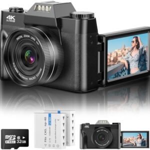 4K Digital Camera, 56MP Vlogging Camera with 3'' 180-degree Flip Screen, 16X Zoom Auto Focus Point and Shoot Digital Camera for Photography, 32GB Card & 2 Batteries for Teens Students Kids Boys Girls