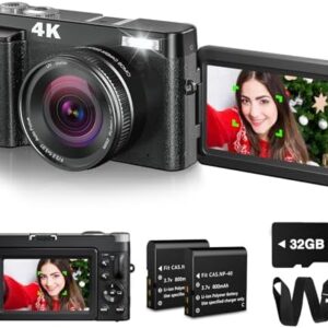 4K Digital Camera for Photography with 32GB Card Autofocus 48MP Vlogging Camera for YouTube with Flash Anti-Shake 16x Zoom 3 180 Flip Screen Compact Travel Camera for Teens Adults