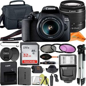 Canon EOS 2000D / Rebel T7 Digital SLR Camera 24.1MP with EF-S 18-55mm f/3.5-5.6 Lens + ZeeTech Accessory Bundle, SanDisk 32GB Memory Card, Wire Remote Control, Case and Flash (Renewed)