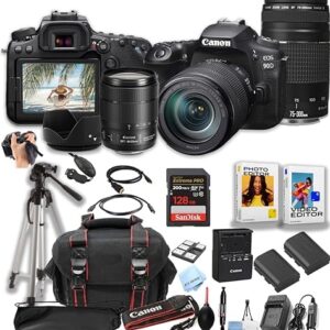 Canon EOS 90D DSLR Camera w/EF-S 18-135mm F/3.5-5.6 USM + 75-300mm F/4-5.6 III + 128GB Pro Speed Memory + Case + Tripod + Software Pack -Proffesional Bundle (Renewed)