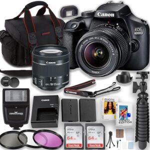 Canon EOS Rebel 4000D / T100 DSLR Camera with EF-S 18-55mm Lens + 2pc 64GB Memory Cards + Flash + Photo and Video Software & More (Renewed)