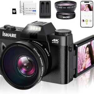 Digital Camera for Photography, 4K 48MP Vlogging Camera for YouTube with WiFi, 3-inch 180-degree Flip Screen, 16X Digital Zoom, 52mm Wide Angle & Macro Lens, 32GB TF Card and 2 Batteries