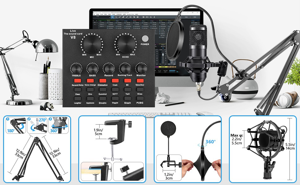 streaming microphone, podcast starter kit, audio interface for pc, mixer audio,