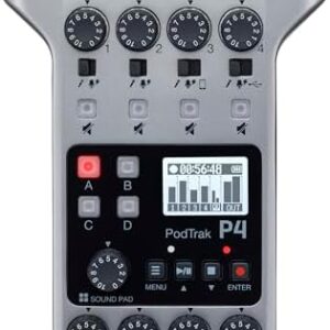 Zoom PodTrak P4 Podcast Recorder, Battery Powered, 4 Microphone Inputs, 4 Headphone Outputs, Phone and USB Input for Remote Interviews, Sound Pads, 2-In/2-Out Audio Interface